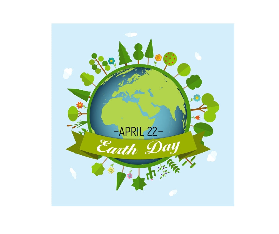 A picture of the planet earth with trees sprouting around the edges. A banner with the words Earth Day is running across the bottom. The date April 22 is above the banner.