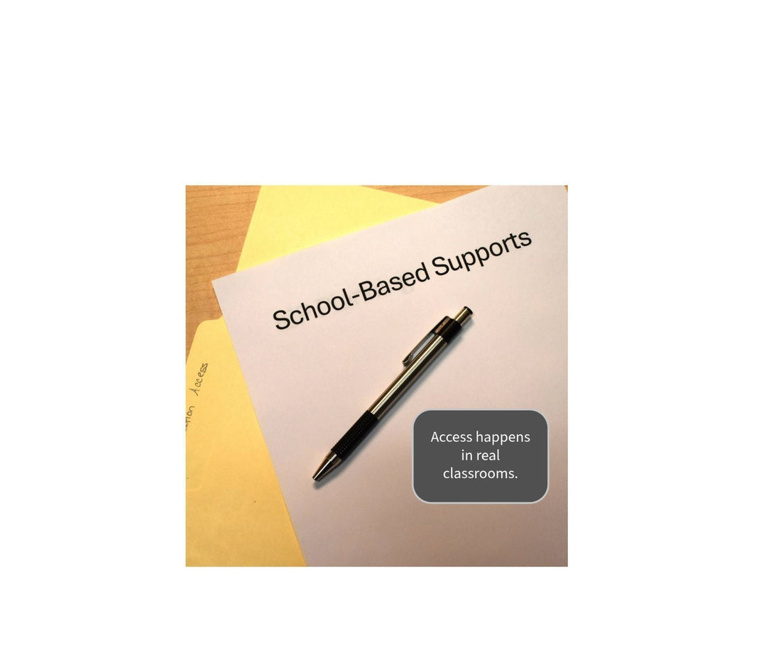 A wood desk with a folder labeled “Communication Access,” a page titled “School-Based Supports,” and a pen resting across the page. The image includes the text, “Access happens in real classrooms.”