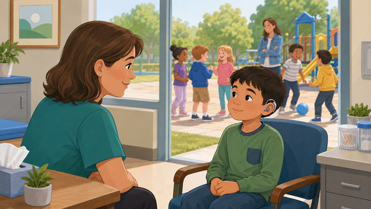 Cartoon illustration of a boy wearing a hearing aid talking with a school nurse while children play together visible out a window outside.
