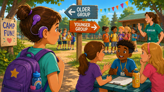 Cartoon illustration of a girl wearing a purple cochlear implant processor and matching purple backpack standing at summer camp while campers and counselors gather in groups around camp activities in the background.