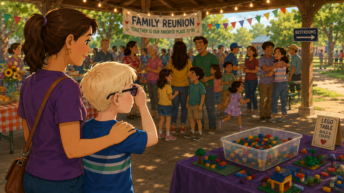 Cartoon illustration of a child wearing glasses standing near an adult at a busy outdoor family reunion pavilion. People gather around picnic tables, a LEGO activity table sits nearby, and a bathroom sign appears farther away in the background.