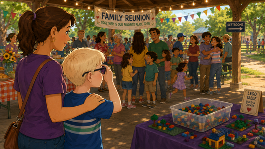 Cartoon illustration of a child wearing glasses standing near an adult at a busy outdoor family reunion pavilion. People gather around picnic tables, a LEGO activity table sits nearby, and a bathroom sign appears farther away in the background.