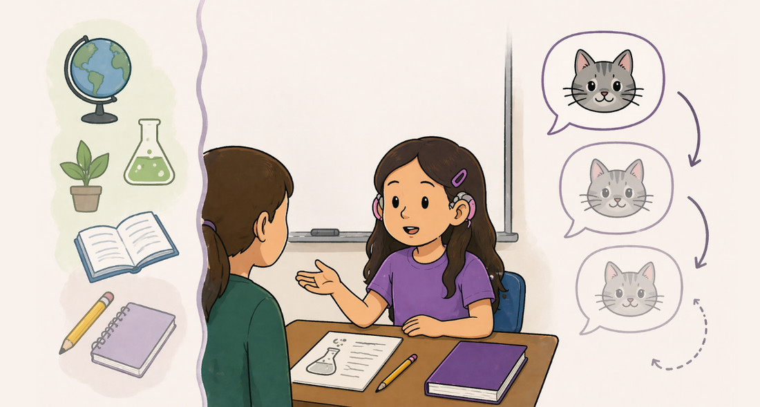 A cartoon with a girl wearing hearing aids sits at a desk in a classroom with three speech bubbles repeating the same idea about cats while another student has a variety of different images.