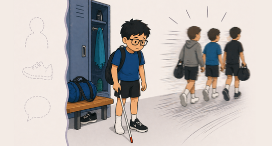 A cartoon of a boy with glasses and a cane stands by an open locker in a locker room while other students walk away. One shoe is missing and sits under the bench nearby.