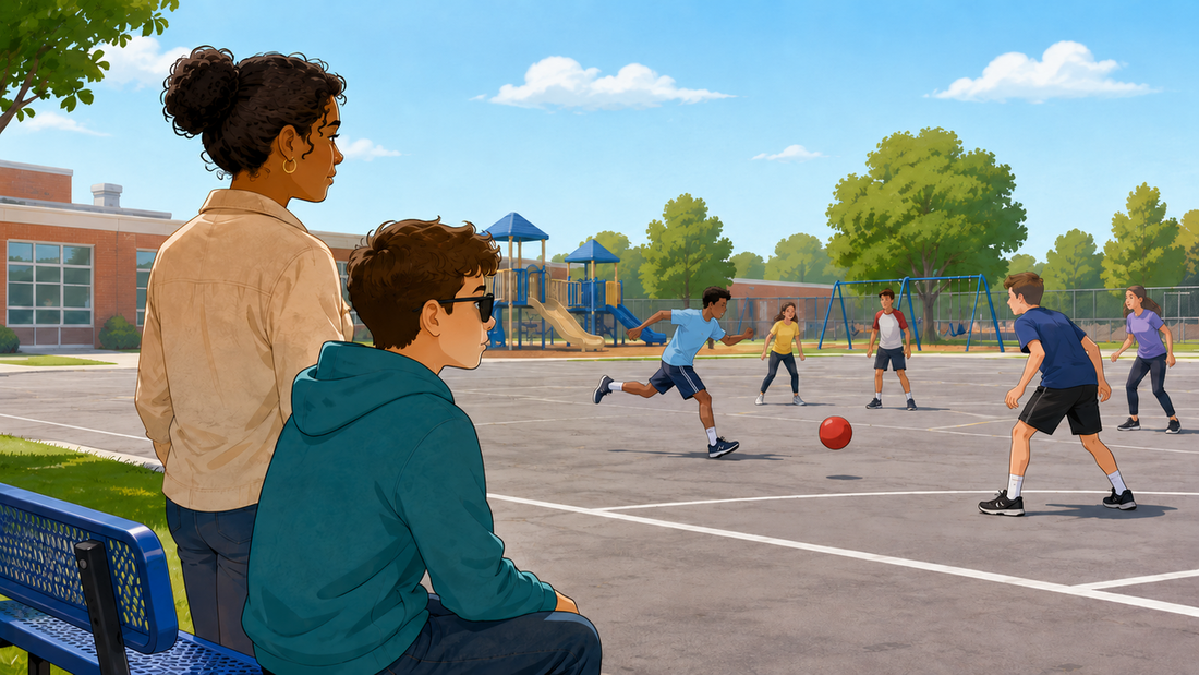 Cartoon illustration of a student wearing dark glasses seated beside an adult while classmates play kickball on a school playground.