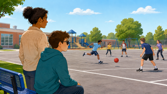 Cartoon illustration of a student wearing dark glasses seated beside an adult while classmates play kickball on a school playground.