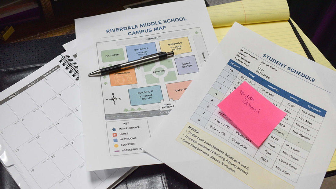 Desktop with folio cover opened showing yellow pad, planner book with documents labeled Riverdale Middle School Campus Map and Student Schedule, with sticky note with middle school written on it.  Pen is on top of the campus map.